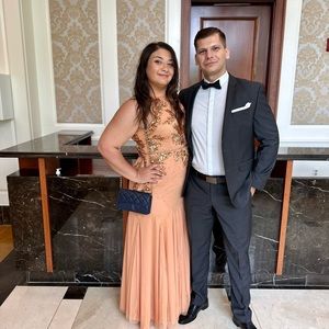 Hand embroidered peach evening gown